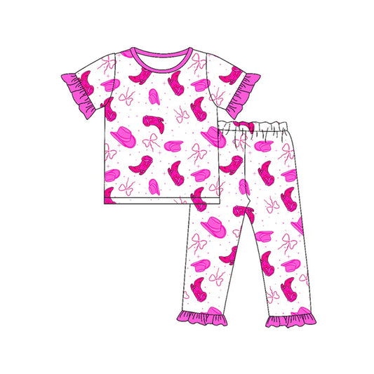 Preorder (moq 5)Baby Girls Hot Pink Boot Hat Bows Top Ruffle Pants Western Pajamas Sets 11.26