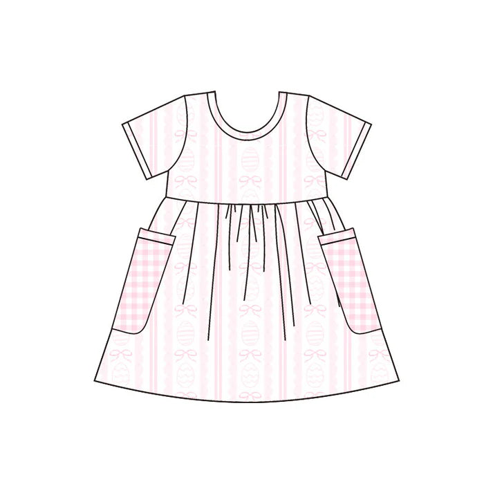 Preorder(moq 5) Baby Girls Pink Eggs Bows Stripe Easter Pockets Knee Length Dresses 10.30