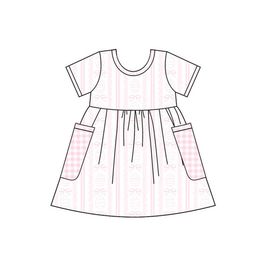 Preorder(moq 5) Baby Girls Pink Eggs Bows Stripe Easter Pockets Knee Length Dresses 10.30