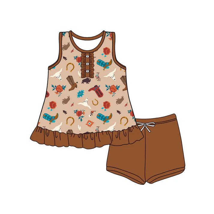 Preorder (moq 5)Baby Girls Khaki Sleeveless Button Boots Bull Skull Tunic Short Set 4.24