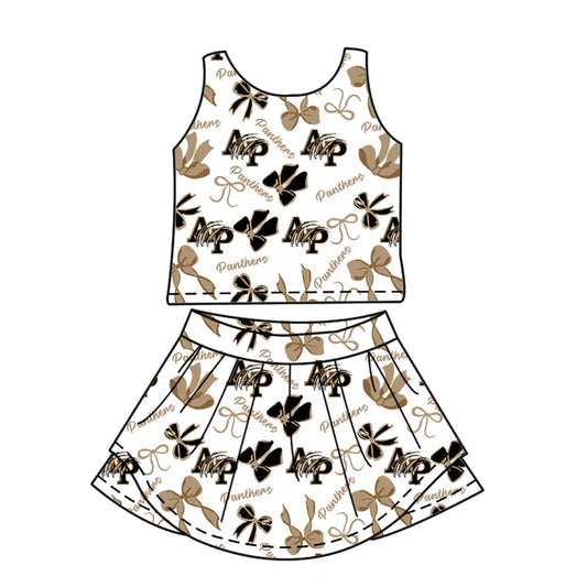 Preorder (moq 5)Baby Girls Brown Sleeveless AP Bows Plaid Top Skorts Team Set 6.30