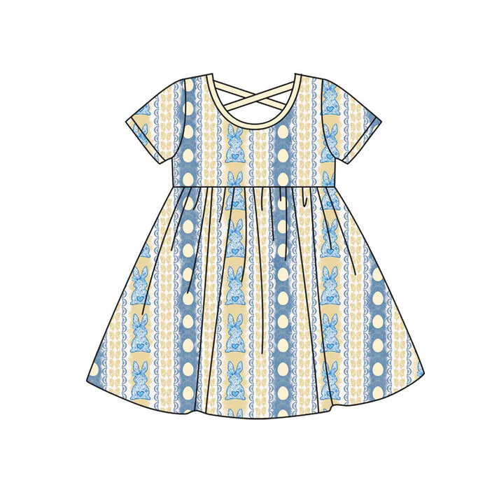 Preorder (moq 8)Baby Girls Floral Rabbits Eggs Stripe Easter Knee Length Dresses 9.16