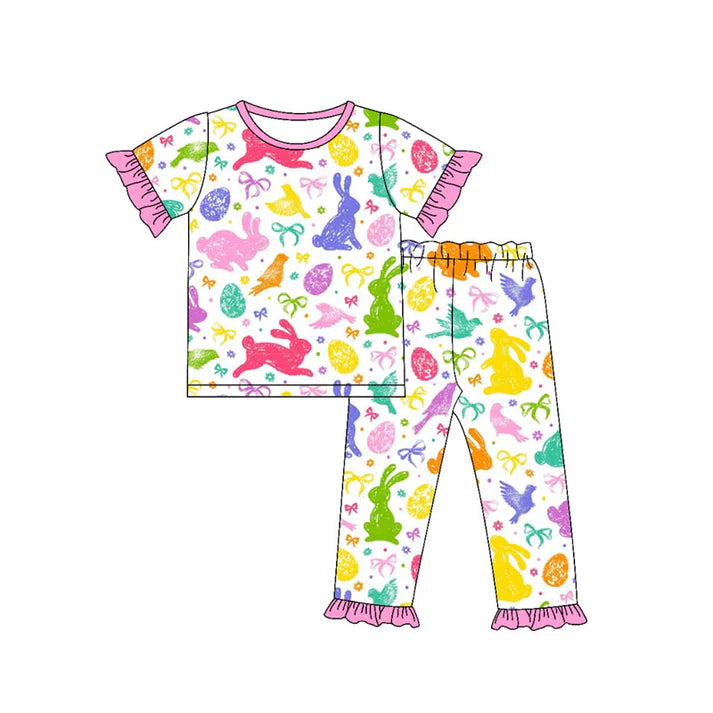 Preorder(moq 5) Baby Girls Colorful Rabbits Bows Top Ruffle Pants Easter Pajamas Sets 10.15