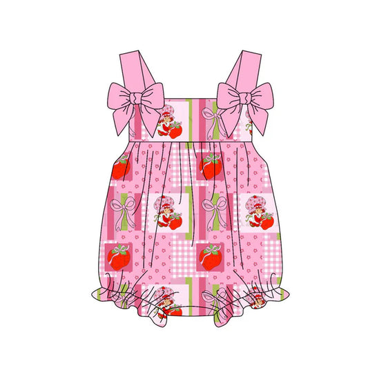 Preorder (moq 5)Baby Strawberry Girls Bows Checked Strap Ruffle Rompers 11.19