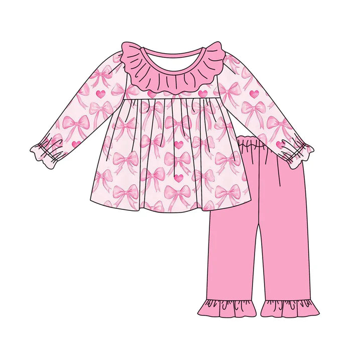 Preorder (moq 5)Baby Girls Pink Hearts Bows Tunic Ruffle Pants Valentine Clothes Sets 9.4
