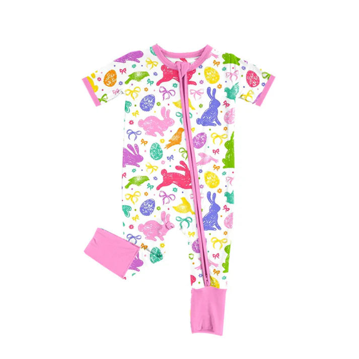 Preorder (moq 5)Baby Girls Short Sleeve Colorful Rabbits Bows Easter Zipper Footie Rompers 10.15