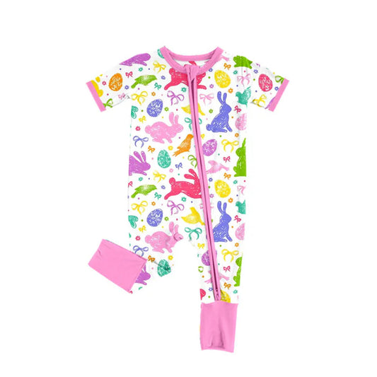 Preorder (moq 5)Baby Girls Short Sleeve Colorful Rabbits Bows Easter Zipper Footie Rompers 10.15