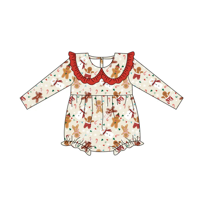 Preorder (moq 5)Baby Girls Long Sleeves Snowman Gingerbread Lights Ruffle Romper 7.5