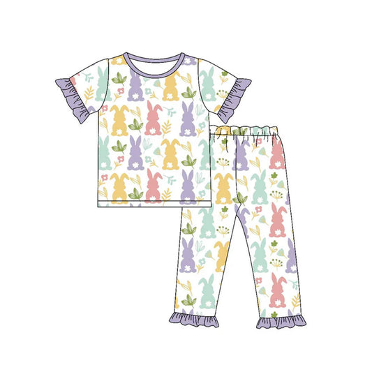 Preorder(moq 5) Baby Girls Colorful Rabbits Flowers Top Ruffle Pants Easter Pajamas Sets 10.15