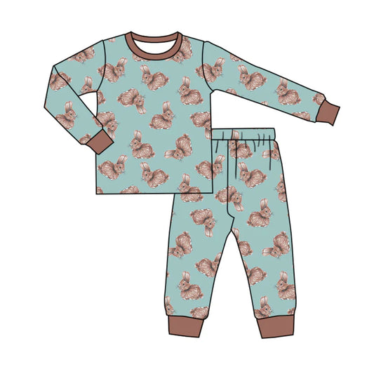 Preorder (moq 5)Baby Boys Green Long Sleeve Rabbits Top Pant Easter Pajamas Sets 12.15