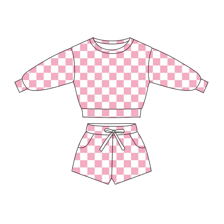 Preorder(moq 5) Baby Girls Light Pink Checked Long Sleeve Pockets Shorts Clothes Sets 10.27