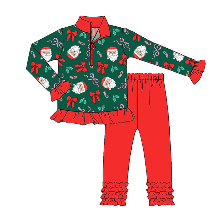 Preorder (moq 8)Baby Girls Santa Bows Holly Zipper Pullover Ruffle Leggings Christmas Clothes Sets 9.22