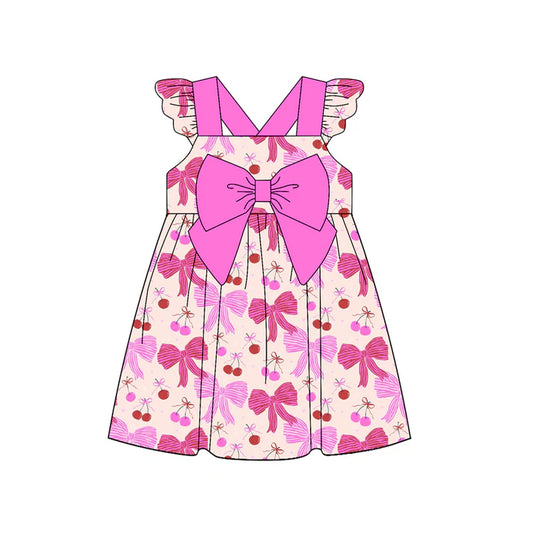 Preorder (moq 5)Baby Girls Hot Pink Flutter Sleeves Colorful Bows Knee Length Dress 5.13
