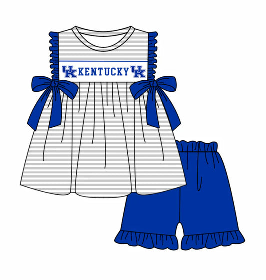 Preorder (moq 5)Baby Girls Kentucky UK Bows Stripe Tunic Ruffle Shorts Team Clothes Sets 12.6