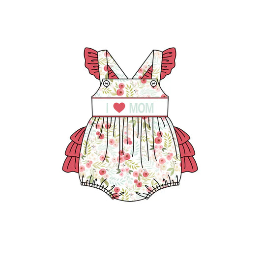 Preorder(moq 5)Baby Infant Girls Red Flutter Sleeves I LOVE MOM Floral Ruffle Bubble Rompers 5.15