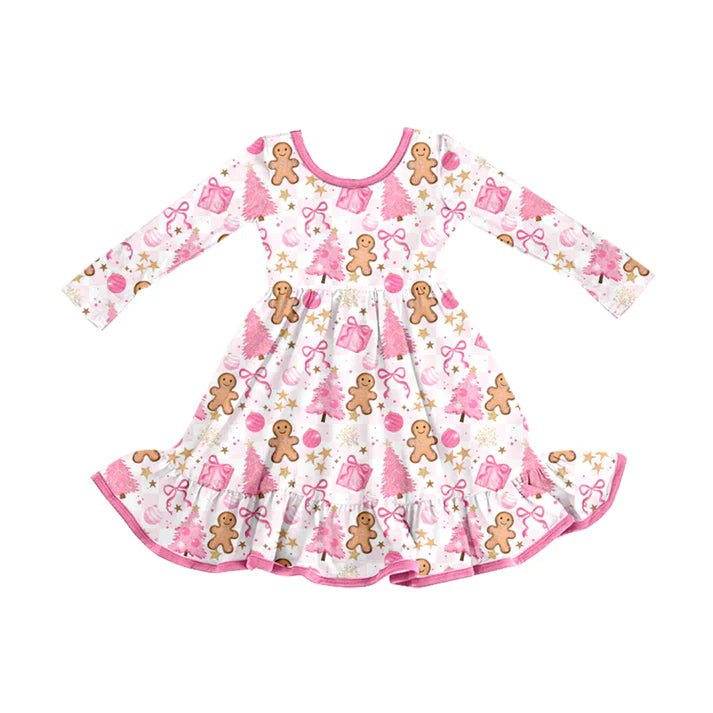 Preorder (moq 5)Baby Girls Christmas Trees Pink Gifts Gingerbread Ruffle Knee Length Dresses 8.12