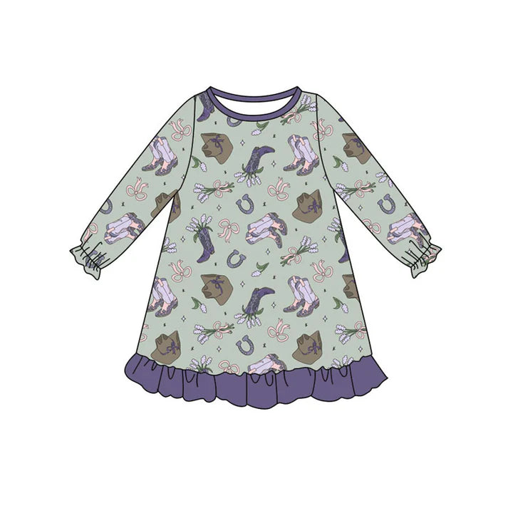Preorder (moq 8)Baby Girls Purple Bows Hats Flowers Ruffle Knee Length Dresses 9.8