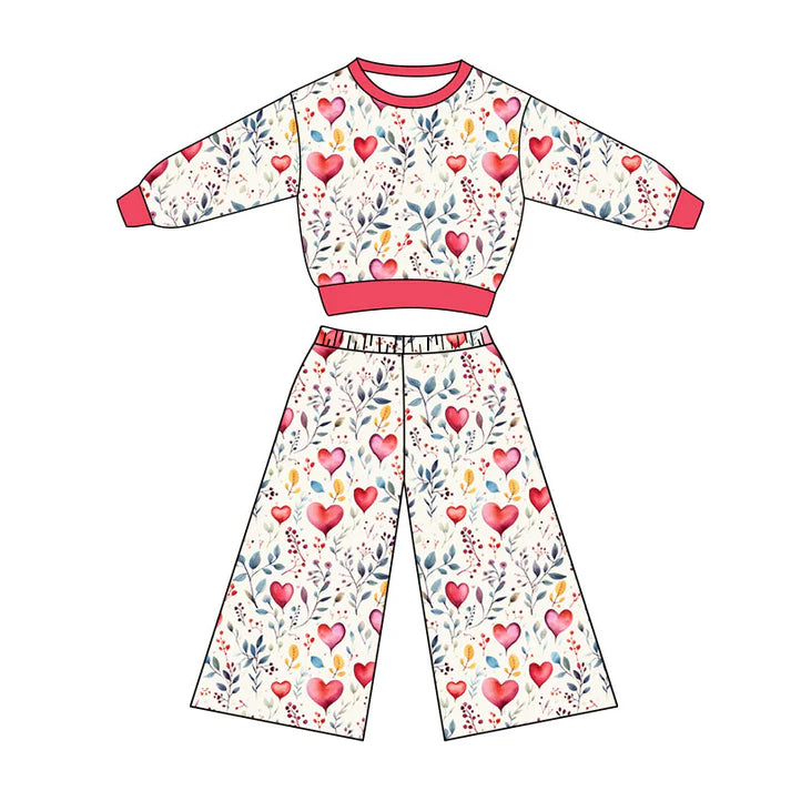Preorder(moq 5) Baby Girls Long Sleeve Hearts Balloons Floral Top Flare Pants Clothes Sets 11.4