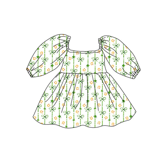 Preorder (moq 5)Baby Girls Clovers Bows St Patrick Knee Length Dresses 12.15