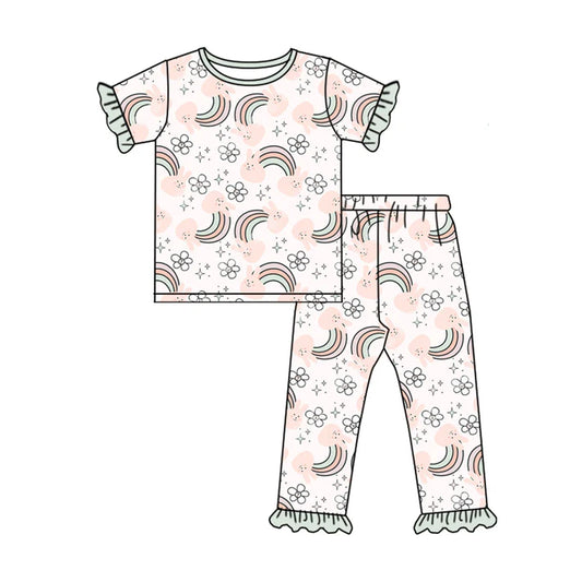 Preorder (moq 5)Baby Girls Rabbits Rainbows Flowers Top Ruffle Pants Easter Pajamas Sets 12.6