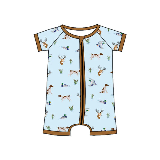 Preorder (moq 5)Baby Boys Blue Short Sleeves Deer Ducks Dogs Zipper Rompers 5.14