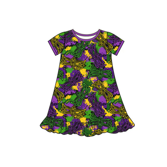 Preorder(moq 5) Baby Girls Mardigras Short Sleeve Camo Masks Ruffle Knee Length Dresses 10.10