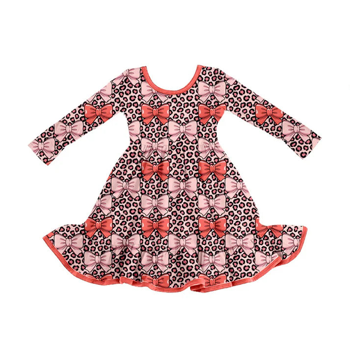 Preorder (moq 5)Baby Girls Peach Leopard Bows Ruffle Knee Length Dresses 9.4