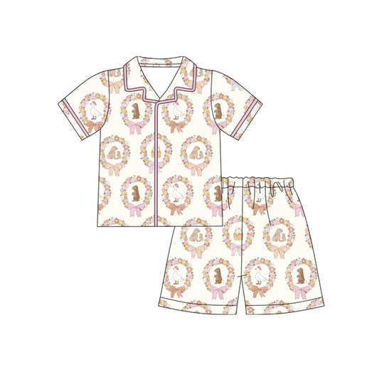 Preorder (moq 5)Baby Girls Rabbits Flower Holly Button Top Shorts Easter Pajamas Sets 12.12