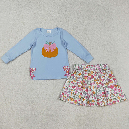Baby Girls Clothes Blue Long Sleeves Bows Pumpkin Embroidery Top Flowers Skorts Sets GLD1172 9.1