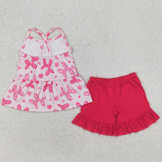 Baby Girls Clothes Pink Strap Flowers Hearts Dogs Top Ruffle Shorts Sets GSSO2439