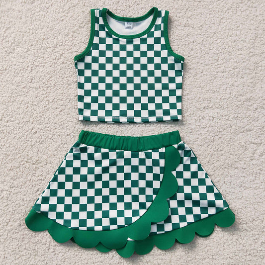 Baby Girls Clothes Green Checked Vest Top Scallop Skirt Short Yoga Active Clothes Set GSD4178