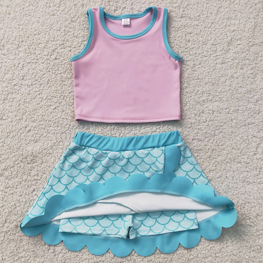 Baby Girls Clothes Pink Aqua Vest Mermaid Scallop Skirt Short Yoga Active Clothes Set GSD4083
