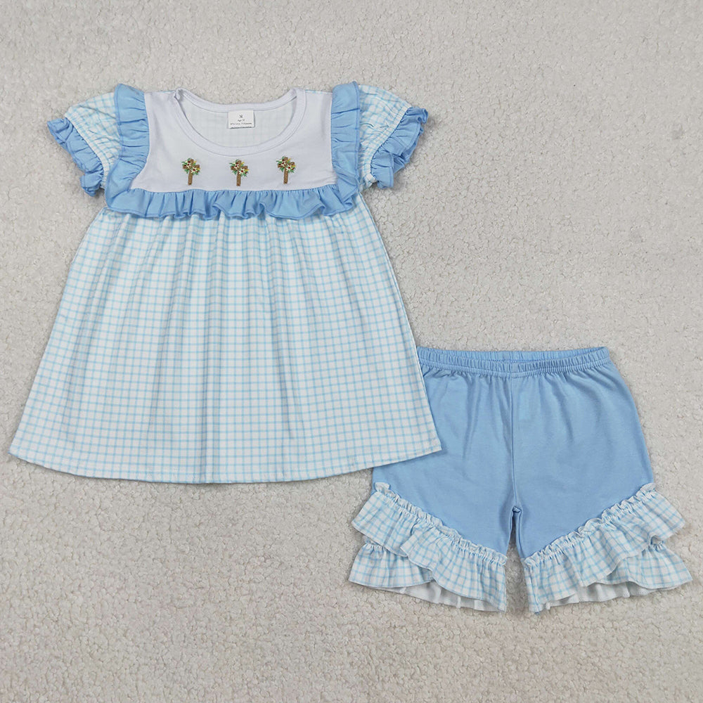 Embroidery Crosses Baby Girls Blue Checked Tunic Ruffle Shorts Easter Clothes Sets 12.9