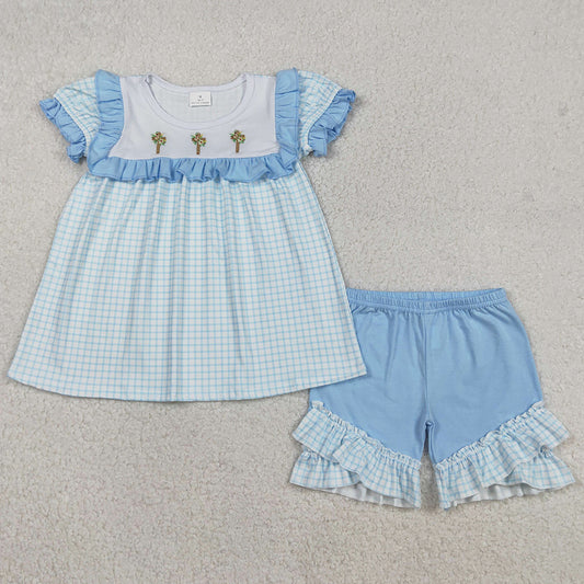 Embroidery Crosses Baby Girls Blue Checked Tunic Ruffle Shorts Easter Clothes Sets 12.9