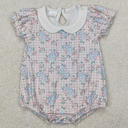 Baby Infant Girls Rompers Pink Checkered Flowers Short Sleeve Rompers SR2878 3.25