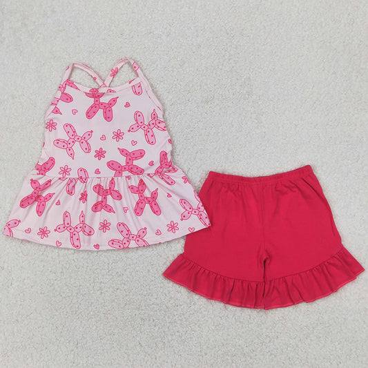 Baby Girls Clothes Pink Strap Flowers Hearts Dogs Top Ruffle Shorts Sets GSSO2439