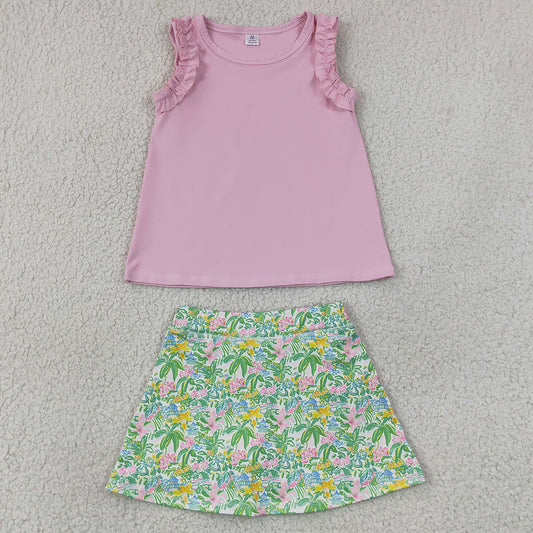 Baby Girls Clothes Pink Cotton Tunic Sea Plants Yoga Active Skirt Short Clothes Set GSD4217