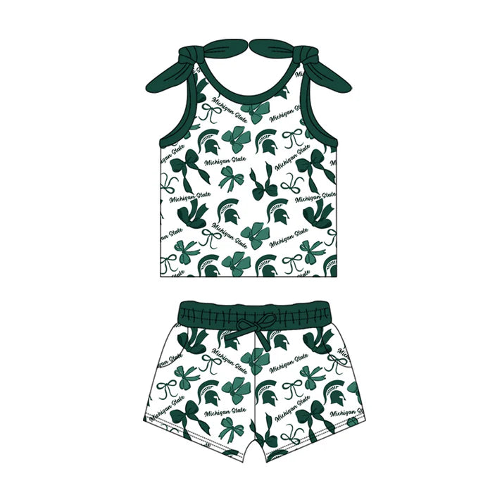 Preorder MOQ 5 pcs sleeveless M green bow top shorts girls team clothes 8.23