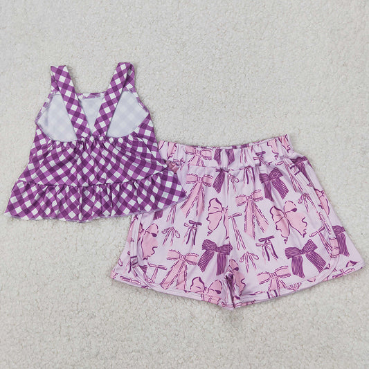 Baby Girls Clothes Checkered Straps Top Bows Shorts Clothes Sets GSSO2035 4.2