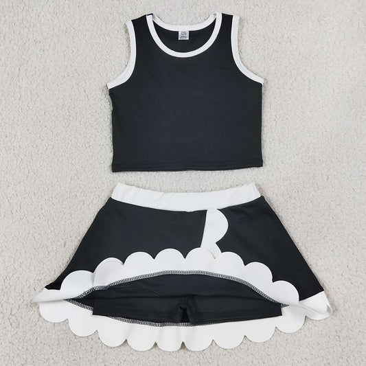 Baby Girls Dress Black Crop Vest Scallop Skirt Yoga Active Clothes Sets GSD4029