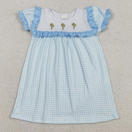 Baby Girls Dress Embroidery Crosses Blue Checked Easter Knee Length Dresses GSD2851 12.10