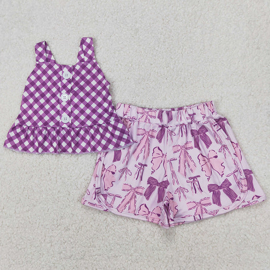 Baby Girls Clothes Checkered Straps Top Bows Shorts Clothes Sets GSSO2035 4.2