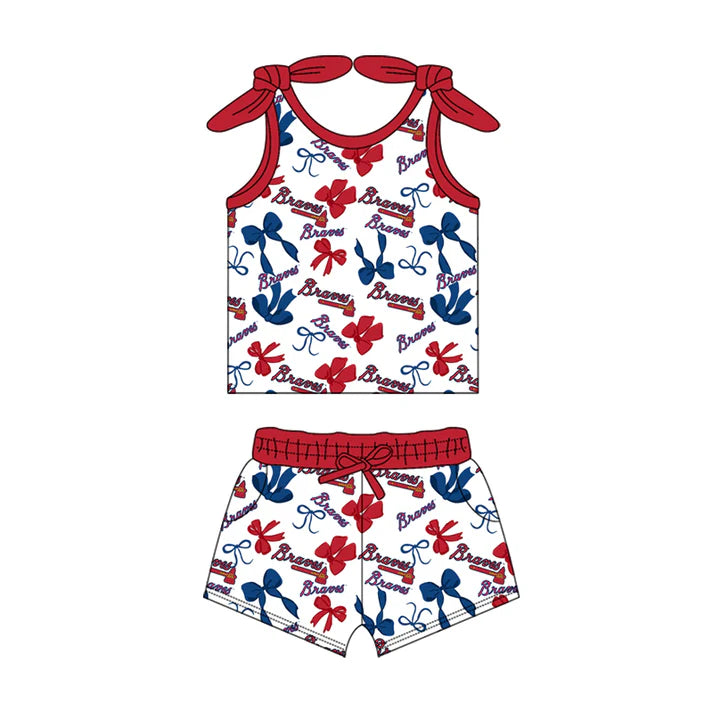 Preorder MOQ 5 pcs sleeveless B red blue bow top shorts girls team clothes 8.23