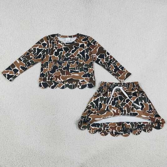 Baby Girls Clothes Long Sleeve Dark Brown Camo Top Skirt Short Scallop Clothes Set GLD1617