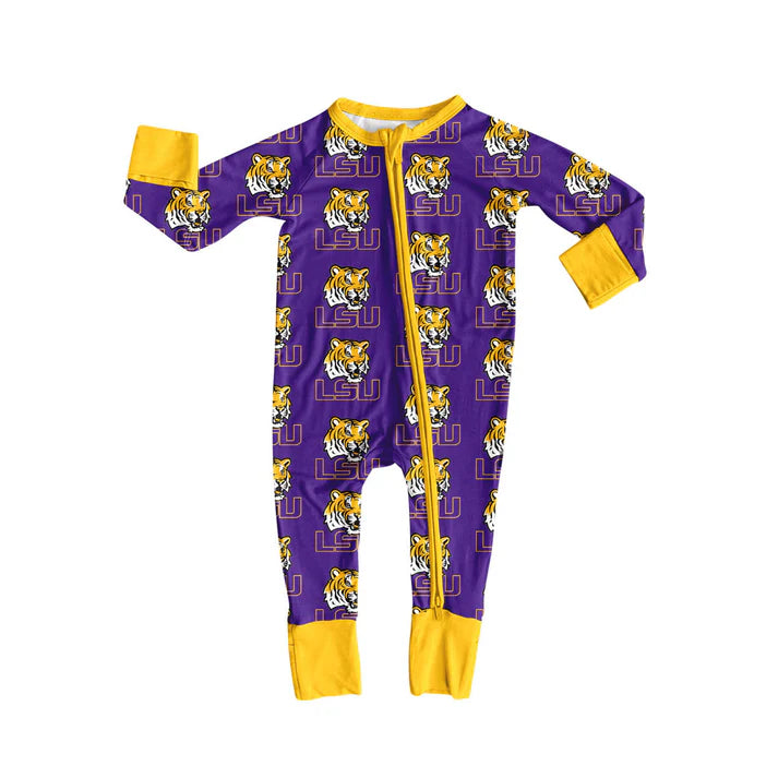 Preorder moq 5 Baby Infant Boys Long Sleeves Purple LSU Tigers Plaid Zipper Romper 7.12