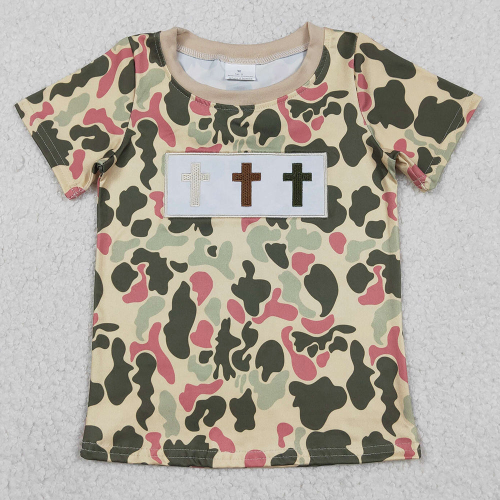 Baby Boys Clothes Embroidery Crosses Short Sleeve Camo Easter T-shirts Top BT1395 12.11