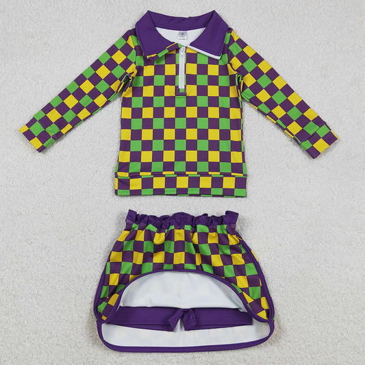 Baby Girls Clothes Mardigras Checked Zipper Pullovers Skirt Shorts Yoga Clothes Set GLD1362 12.11