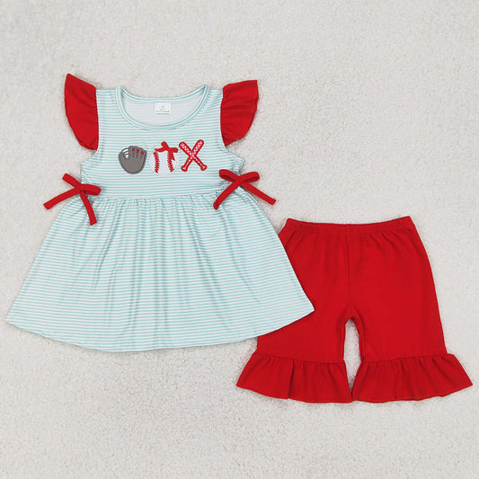 Baby Girls Clothes Baseball Embroidery Flutter Sleeve Tunic Tops Ruffle Shorts Sets GSSO2317