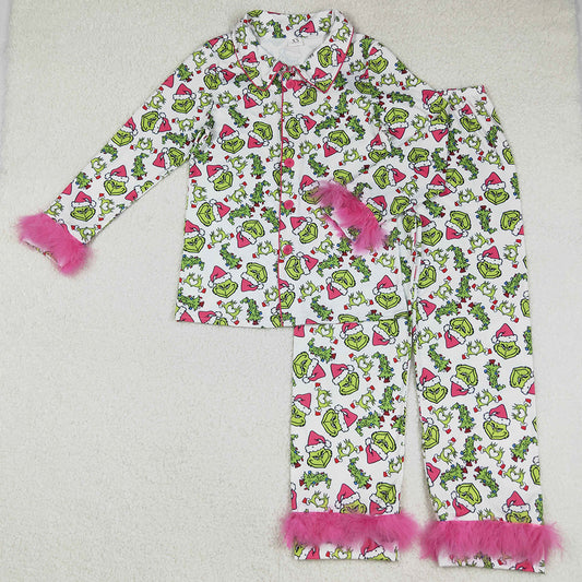 Adult Women Pajamas Christmas Long Sleeves With Fur Green Face Button Top Pants Sleepwear Sets GLP2648 9.2