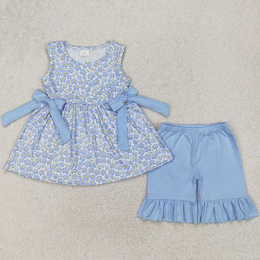 Baby Girls Clothes Blue Flowers Bows Tunic Top Ruffle Shorts Sets GSSO2204